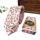 Blush Pink and Olive Green Floral Necktie and Pocket Square Set on İvory Background