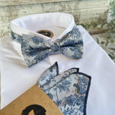 Dusty Blue Woven Floral Bow Tie, Handmade Botanical Accessory for Boho Wedding Groom