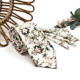 Vintage Floral Tie Set, Ivory Rose Necktie and Pocket Square, Mens Wedding Tie, Boho Groomsmen Floral Necktie