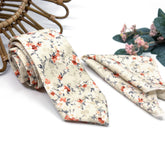 Beige Burnt Orange Floral Tie Set, Mens Wedding Necktie and Pocket Square, Rustic Groomsmen Tie, Cream Floral Necktie