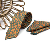 Dark Green Burnt Orange Floral Tie Set, Mens Wedding Necktie and Pocket Square, Rustic Boho Groomsmen Tie, Forest Green Necktie
