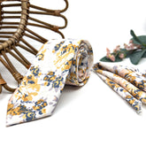 Mustard Floral Tie Set, Mens Wedding Necktie and Pocket Square, Dusty Blue Groomsmen Tie, Ivory Boho Floral Necktie