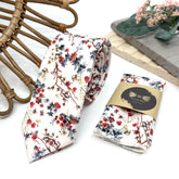 Ivory Rust Red Floral Tie Set, Mens Wedding Necktie and Pocket Square, Terracotta Floral Tie, Rustic Groomsmen Tie