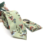 Sage Green Floral Tie Set, Mens Wedding Necktie and Pocket Square, Rustic Boho Groomsmen Tie, Dusty Green Floral Necktie