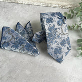 Dusty Blue Floral Woven Tie on Light Gray, Unique Wedding Necktie