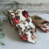 Ivory Wine Red Floral Tie Set Wedding Necktie & Pocket Square for Groom Groomsmen Boho Fall