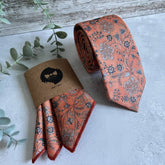 Burnt Orange Floral Necktie, Autumn Wedding Tie for Groom, Boho Floral Tie Set, Groomsmen Necktie, Handmade Men Tie