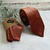 Rust Velvet Tie Set, Burnt Orange Necktie & Pocket Square for Groom Groomsmen Fall Wedding