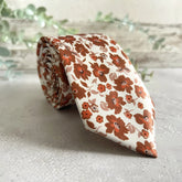 Burnt Orange Floral Tie, Rust Flower Necktie, Boho Wedding Tie Set, Terracotta Floral Tie, Autumn Wedding Groom Tie, Rustic Groomsmen Tie