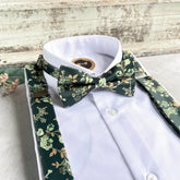 Forest Green Floral Bow Tie and Suspenders Set, Sage Green Wedding Suspenders, Botanical Groomsmen Outfit