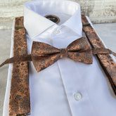 Burnt Orange Floral Bow Tie and Suspenders Set, Brown Woven Wedding Suspenders, Rustic Groomsmen Outfit