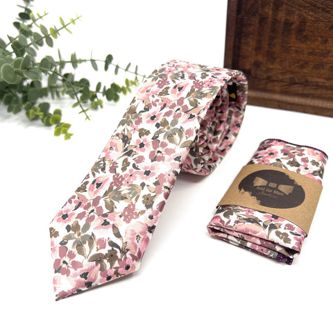 Blush Pink and Olive Green Floral Necktie and Pocket Square Set on İvory Background