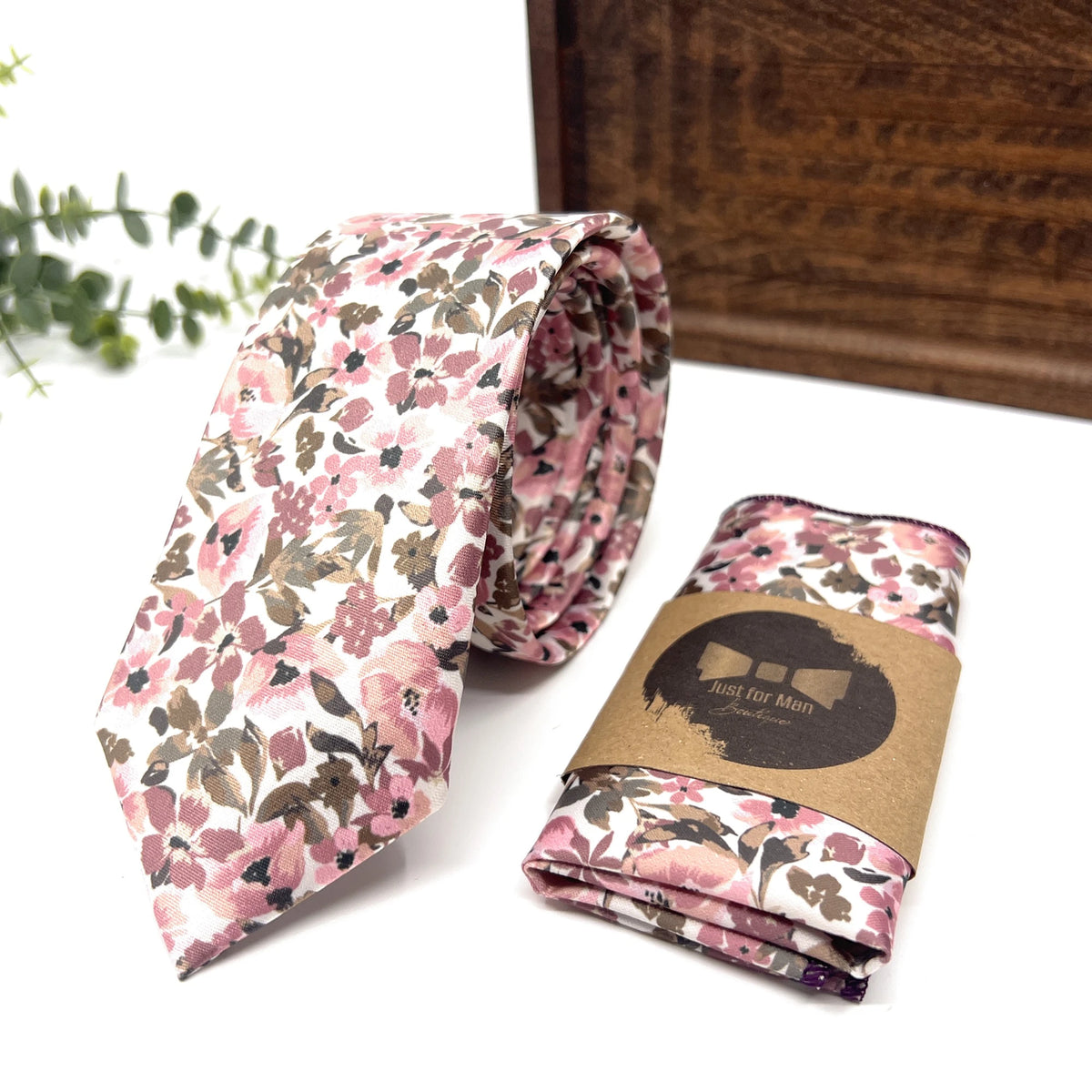 Blush Pink and Olive Green Floral Necktie and Pocket Square Set on İvory Background