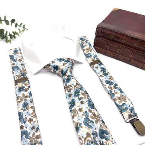 Dusty Blue Floral Suspenders Set For Wedding & Groomsmen Gift Suspenders