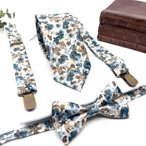 Dusty Blue Floral Suspenders Set For Wedding & Groomsmen Gift Suspenders