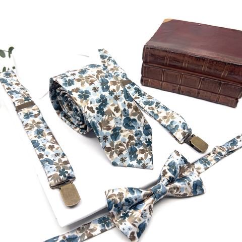 Dusty Blue Floral Suspenders Set For Wedding & Groomsmen Gift Suspenders