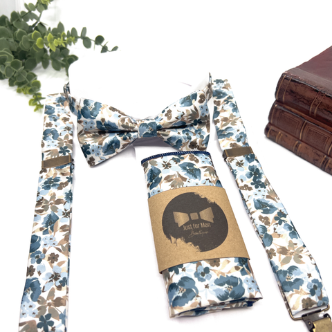 Dusty Blue Floral Suspenders Set For Wedding & Groomsmen Gift Suspenders