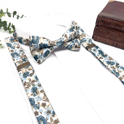 Dusty Blue Floral Suspenders Set For Wedding & Groomsmen Gift Suspenders