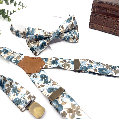 Dusty Blue Floral Suspenders Set For Wedding & Groomsmen Gift Suspenders