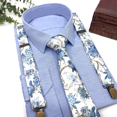 Dusty Blue Floral Suspenders Set – Wedding & Groomsmen Suspenders Gift
