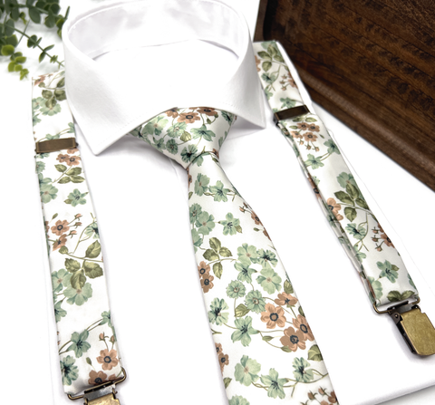 Floral Dusty Sage Green Suspenders Set, Wedding Suspenders & Groomsmen Suspenders
