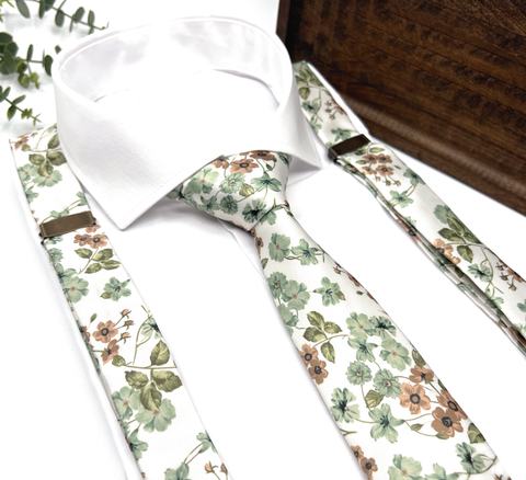 Floral Dusty Sage Green Suspenders Set, Wedding Suspenders & Groomsmen Suspenders