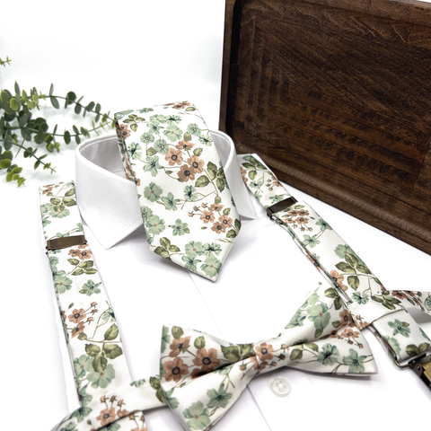 Floral Dusty Sage Green Suspenders Set, Wedding Suspenders & Groomsmen Suspenders