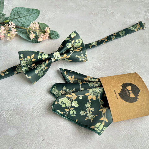 Forest Green Woven Floral Bow Tie Set Handmade Botanical Accessory for Boho Wedding Groom