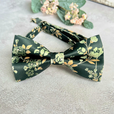 Forest Green Woven Floral Bow Tie Set Handmade Botanical Accessory for Boho Wedding Groom
