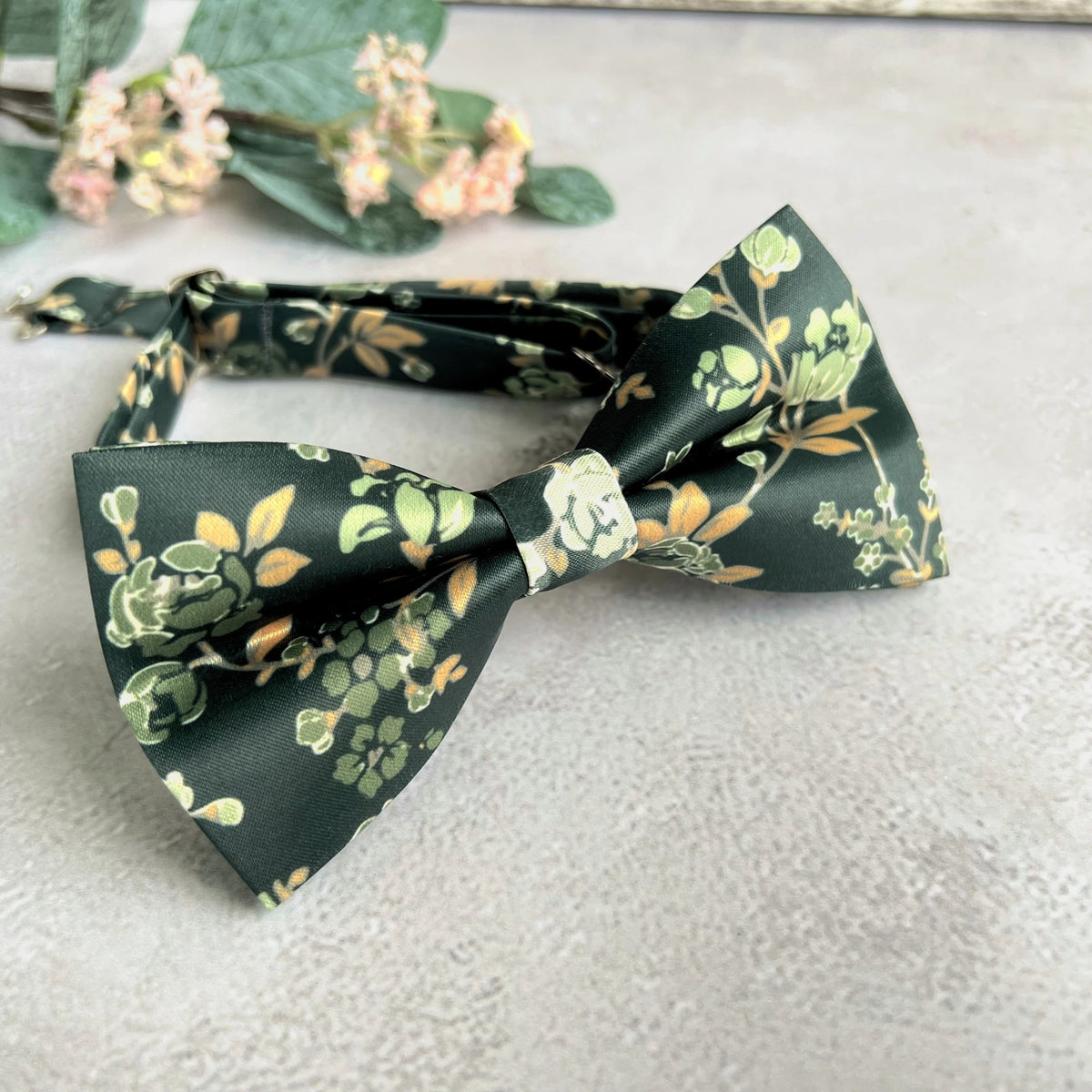 Forest Green Woven Floral Bow Tie Set Handmade Botanical Accessory for Boho Wedding Groom