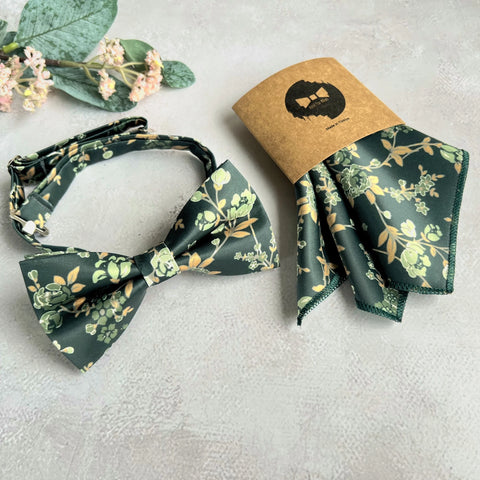 Forest Green Woven Floral Bow Tie Set Handmade Botanical Accessory for Boho Wedding Groom