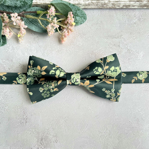 Forest Green Woven Floral Bow Tie Set Handmade Botanical Accessory for Boho Wedding Groom