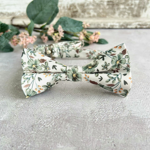 Ivory Sage Floral Bow Tie Set Handmade Botanical Bow Tie for Boho Wedding Groom