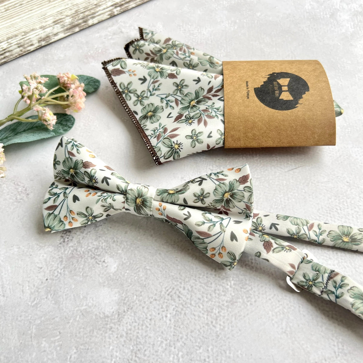 Ivory Sage Floral Bow Tie Set Handmade Botanical Bow Tie for Boho Wedding Groom