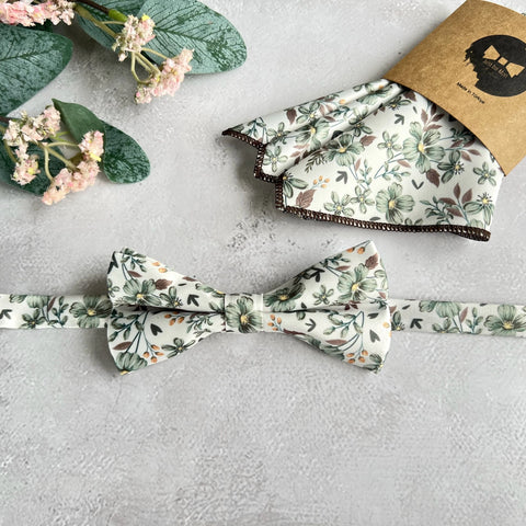 Ivory Sage Floral Bow Tie Set Handmade Botanical Bow Tie for Boho Wedding Groom