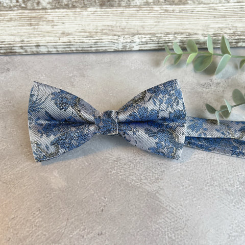 Dusty Blue Woven Floral Bow Tie, Handmade Botanical Accessory for Boho Wedding Groom