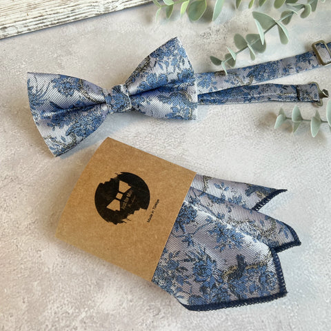 Dusty Blue Woven Floral Bow Tie, Handmade Botanical Accessory for Boho Wedding Groom