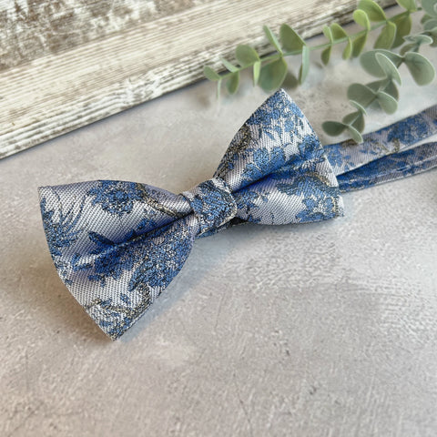 Dusty Blue Woven Floral Bow Tie, Handmade Botanical Accessory for Boho Wedding Groom