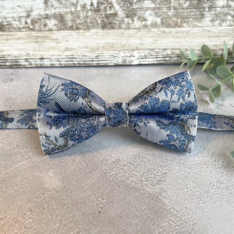 Dusty Blue Woven Floral Bow Tie, Handmade Botanical Accessory for Boho Wedding Groom