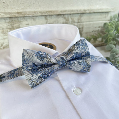 Dusty Blue Woven Floral Bow Tie, Handmade Botanical Accessory for Boho Wedding Groom