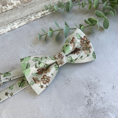 Sage Green Floral Bow Tie on Cream, Rustic Groomsmen Wedding Accessories