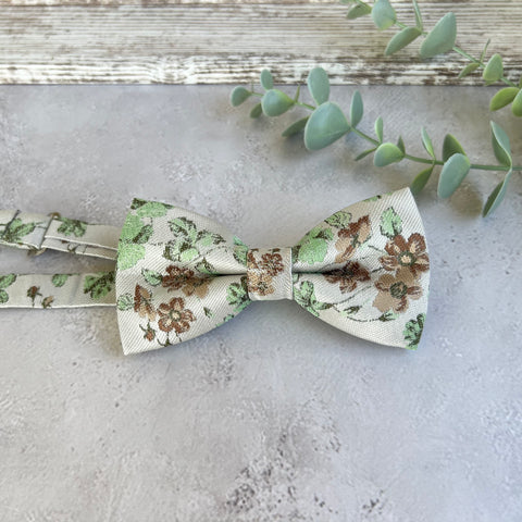 Sage Green Floral Bow Tie on Cream, Rustic Groomsmen Wedding Accessories