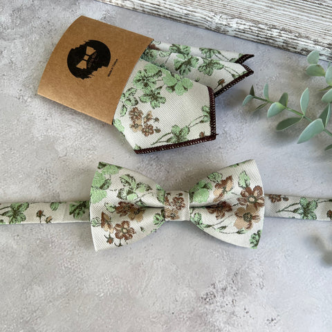 Sage Green Floral Bow Tie on Cream, Rustic Groomsmen Wedding Accessories