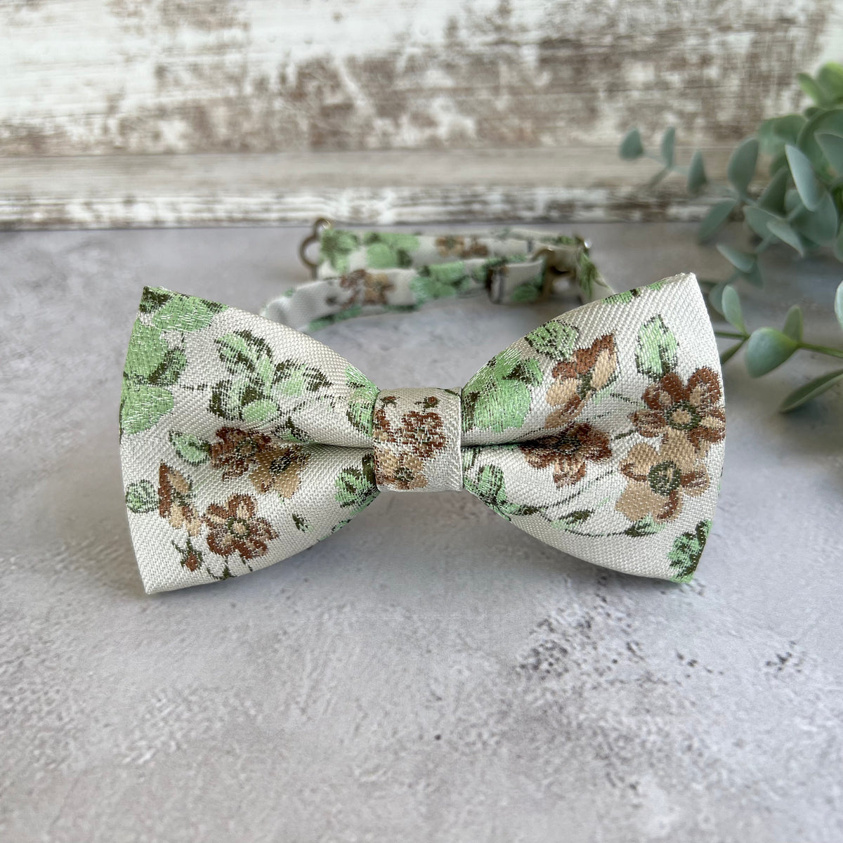 Sage Green Floral Bow Tie on Cream, Rustic Groomsmen Wedding Accessories