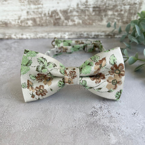Sage Green Floral Bow Tie on Cream, Rustic Groomsmen Wedding Accessories