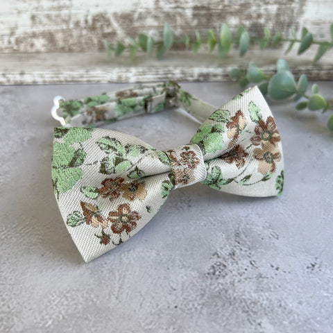 Sage Green Floral Bow Tie on Cream, Rustic Groomsmen Wedding Accessories