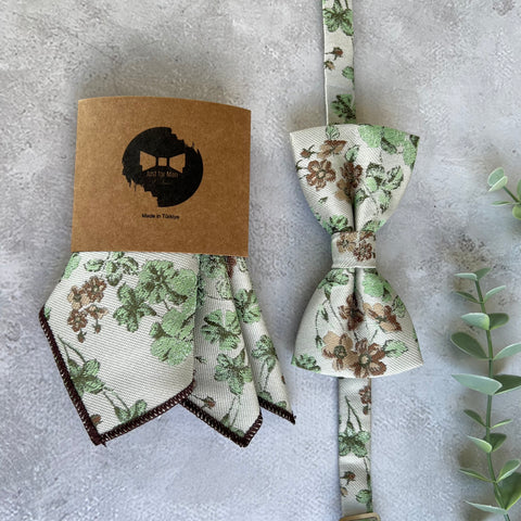Sage Green Floral Bow Tie on Cream, Rustic Groomsmen Wedding Accessories