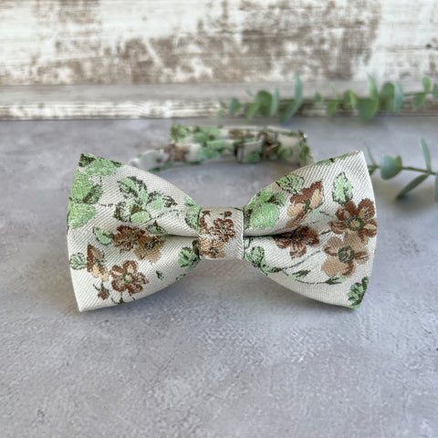 Sage Green Floral Bow Tie on Cream, Rustic Groomsmen Wedding Accessories