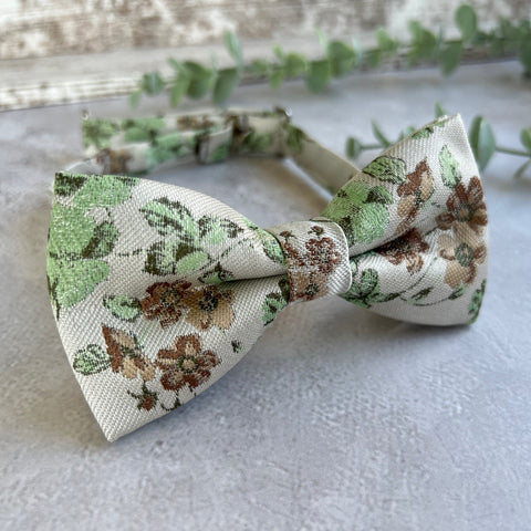 Sage Green Floral Bow Tie on Cream, Rustic Groomsmen Wedding Accessories