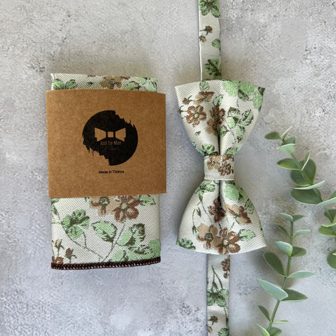 Sage Green Floral Bow Tie on Cream, Rustic Groomsmen Wedding Accessories